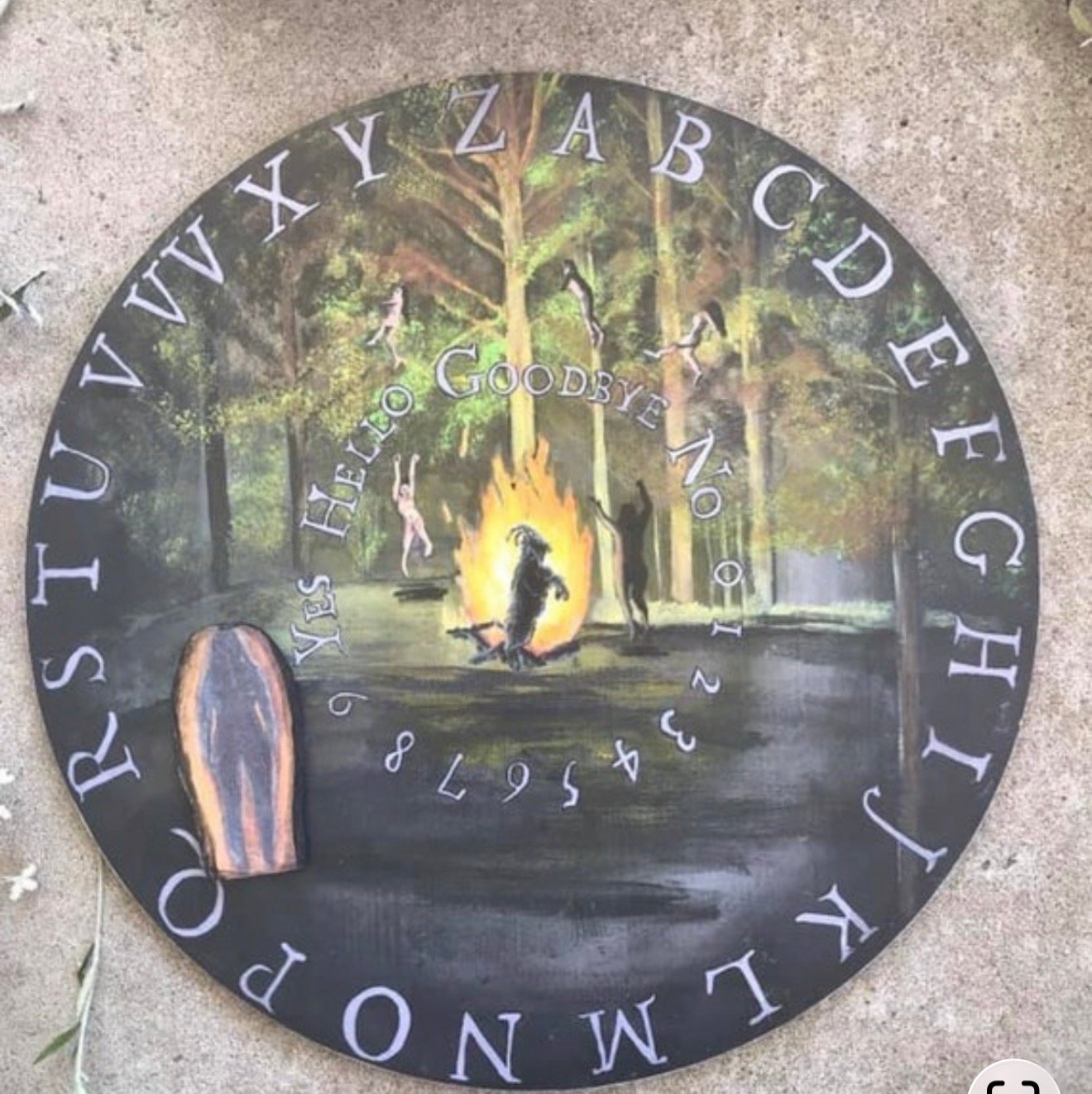 Hand-painted spirit board with sabbath bonfire scene by Loren Morris, Primitive Witchery